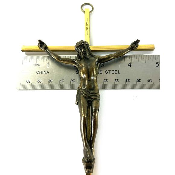 Vintage Brass & Bronze Crucifix Cross with INRI, 10” Religious Wall Decor - Picture 3 of 5